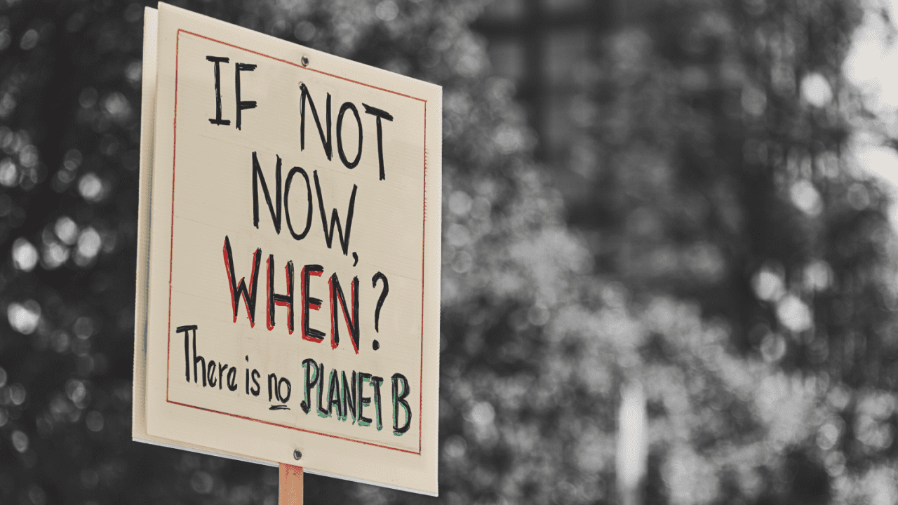 The climate crisis: there's no planet B sign. Climate change disinformation and greenwashing