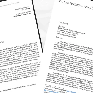 Elon Musk’s lawyers are threatening the Center for Countering Digital Hate with legal action for exposing Twitter’s failure to tackle hate speech. The image shows both the letter from Musk's lawyers and CCDH’s response.